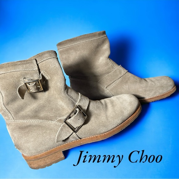 JIMMY CHOO SANDY BEIGE SUEDE BUCKL;ED DETAIL BIKER ANKLE SLOUCHY BOOTS (SZ 41) - Picture 15 of 15